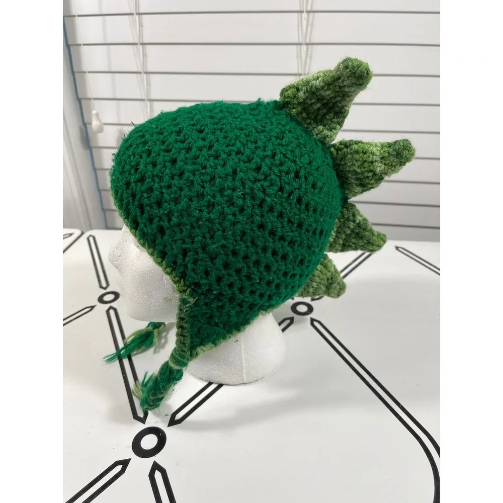 Handmade Green‎ Dinosaur Hat Crocheted Spikes Ears Tassels Kids Toddler